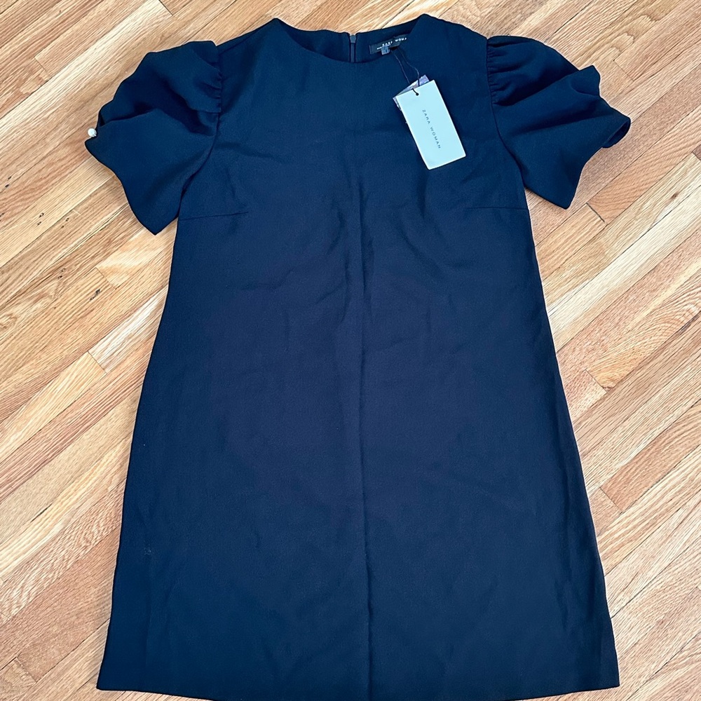 NWT Zara Woman Black Office Dress With Pearl Detail Sz M